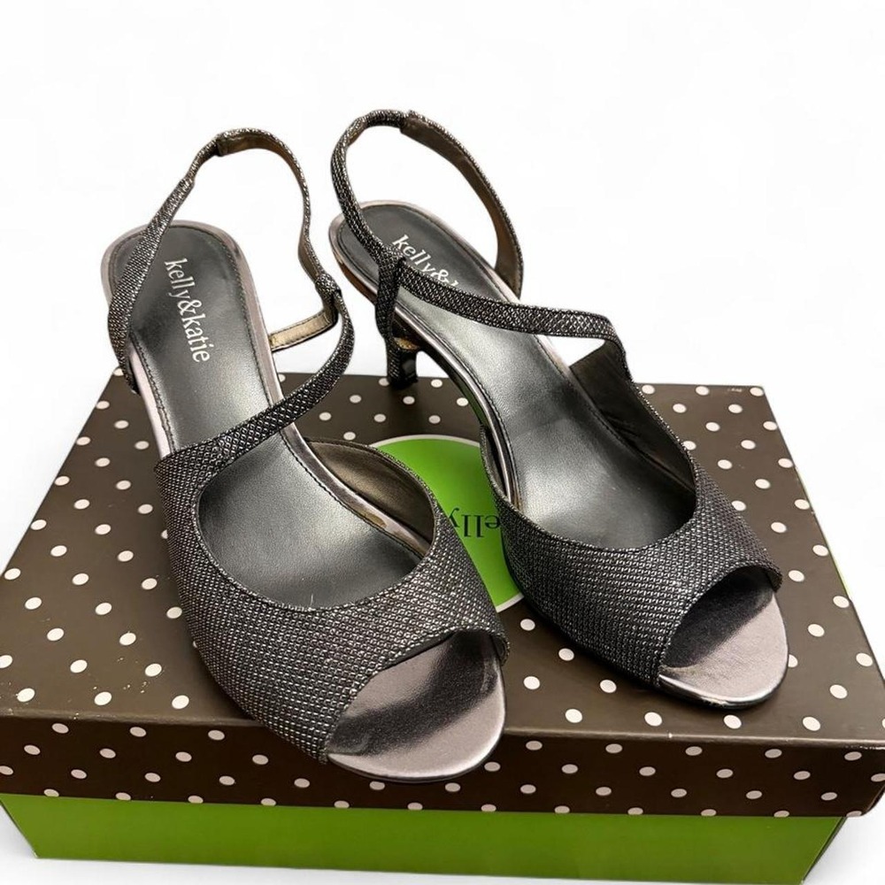 Kelly & Katie Mandy Gunmetal Metallic Shimmer Slingback Peep Toe Heels 8.5M
